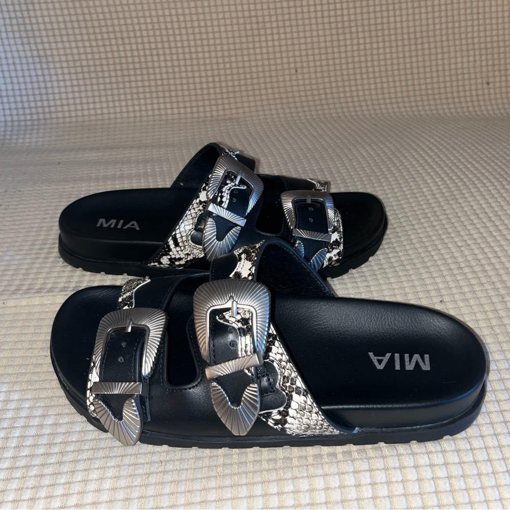 MIA Black and Silver Snakeskin Buckle Western Slides Sandals